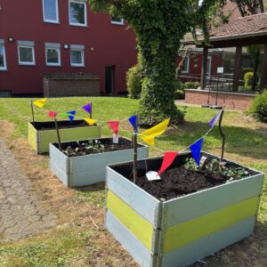 drei Hochbeete von moliri mit bunten Wimpelketten verziert