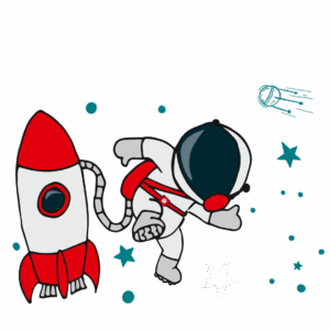 Eine Diginauti-Comicfigur fliegt mit seiner Rakete.