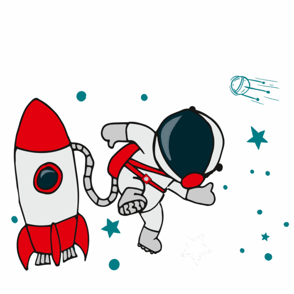 Eine Diginauti-Comicfigur fliegt mit seiner Rakete.