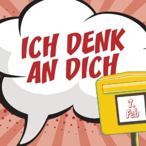 In einer Sprechblase im Commicstil steht "Ich denk an Dich". Darunter ist ein Briefkasten zu sehen.