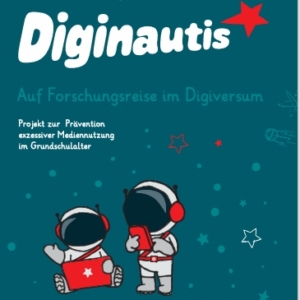 Diginautis-Plakat mit der kleinen Diginautis-Figuren: einem Astronauten mit weiß-grauen Anzug, Astronautenhelm und roten Accessoires, wie Kopfhörer, Smartphone und Tablet