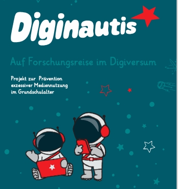 Diginautis-Plakat mit der kleinen Diginautis-Figuren: einem Astronauten mit weiß-grauen Anzug, Astronautenhelm und roten Accessoires, wie Kopfhörer, Smartphone und Tablet
