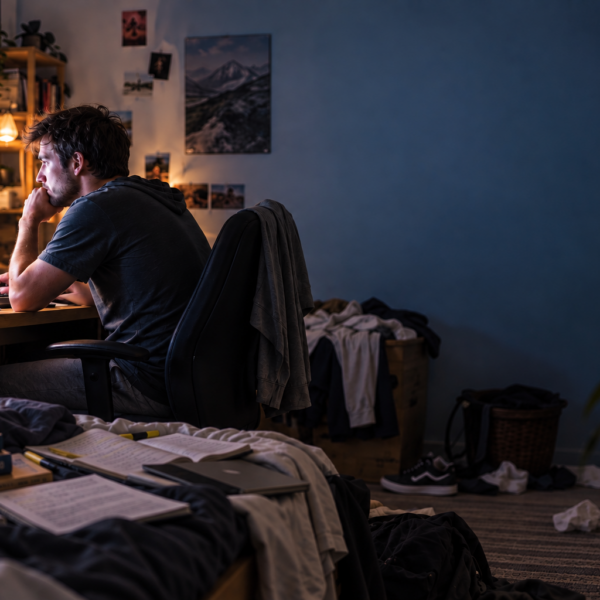 Ein junger Mann sitzt am Schreibtisch und starrt gebannt auf den PC-Bildschirm. Auf diesem sind verschwommen und schemenhaft Ausschnitte von Pornographischen Bildern zu sein. Das Zimmer wirkt unaufgeräumt. Überall liegen Bücher, Laptop und Dokumente rum, auf dem Boden liegt dreckige Wäsche und Schuhe.